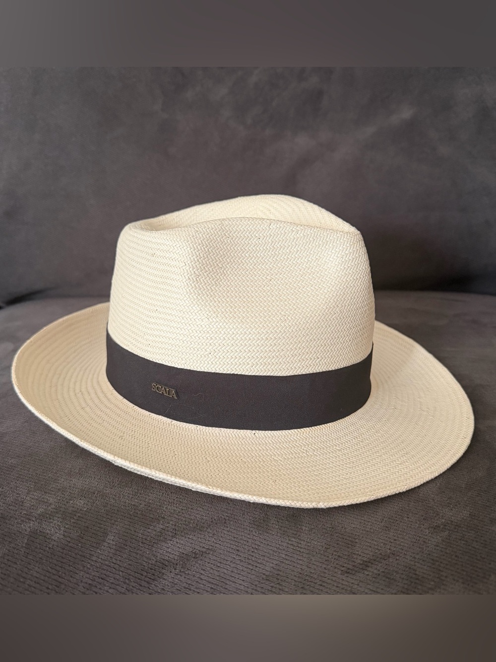 Scala Cream Braided Paper Fedora Hat with Logo and Black Band Size XL